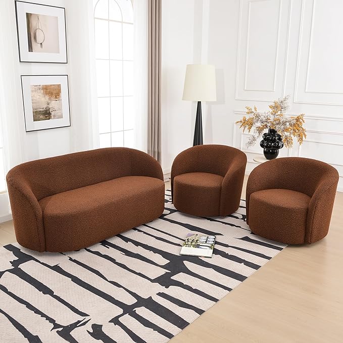 KINWELL 34" W Swivel Barrel Chair Set of 2, Mid Century Modern Round Upholstered Boucle Swivel Accent Chairs, No Assembly Chair for Living Room Bedroom Reading, Brown