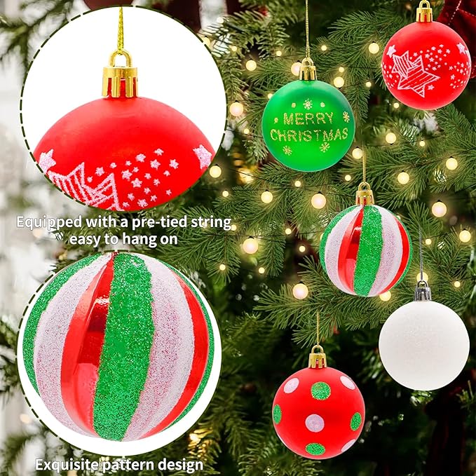 40PCS 2.36" Christmas Balls Ornaments, Plastic Christmas Tree Ornaments, Holiday Baubles, Hanging Decorations for Xmas Trees Holiday Party, Red Green White Baubles