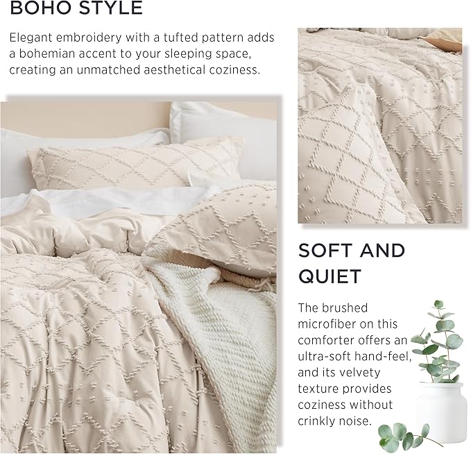 Bedsure Full Comforter Set - Beige Comforter, Boho Tufted Shabby Chic Bedding for Kids, 3 Pieces Vintage Farmhouse Bed Set for All Seasons, Fluffy Soft Bedding with 2 Pillow Shams