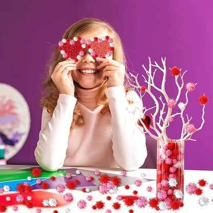 UPINS Valentine's Day Pom Poms Balls, 600 Pieces Pink Red Glitter Pom Poms Mixed Sizes Fluffy Pompoms for Crafts Making DIY Wedding Valentine's Day Party Decorations Supplies (3 Colors)