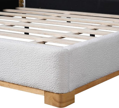 King Size Bed Frame, Upholstered Cloud Boucle Platform Beds Frames with Headboard, Anti-Collision Soft Rounded Corners Footboard, No Box Spring Required, Easy Assembly (40" White, King)
