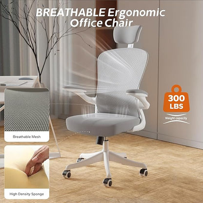 Ergonomic Office Chair with Adjustable Lumbar Support & Flip-Up Armrests - High Back Desk Chair with Thickened Seat Cushion, Rolling Wheels for Home/Office Study Work