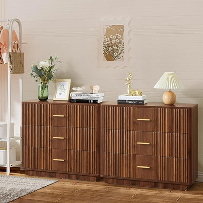 Fluted Dresser for Bedroom with 3 Drawers,31.5"Wide Modern Chest of Drawers with Metal Handle,Large Storage Dresser, Wood Closet Clothes Storage Organizer for Nursery Living Room Hallway,Walnut 2 Sets