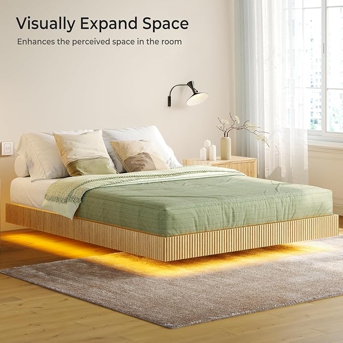 Tatub Natural Queen Floating Bed Frame with LED Lights, Modern Fluted Oak Platform Bed Frame Floating, Heavy Duty Metal Slats, No Box Spring Required
