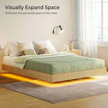 Tatub Natural Queen Floating Bed Frame with LED Lights, Modern Fluted Oak Platform Bed Frame Floating, Heavy Duty Metal Slats, No Box Spring Required