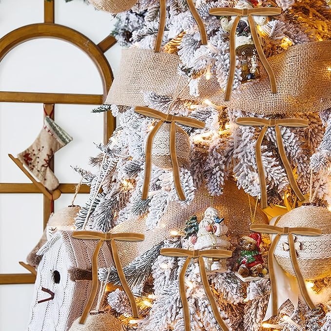 24 Pcs Velvet Bows for Christmas Tree, Elegant Khaki Christmas Tree Bows, 5”x7” Pre-Tied Velvet Ornaments for Wreaths Garland Gifts Holiday Décor, Khaki Ribbon Bows for Xmas(3/8”)