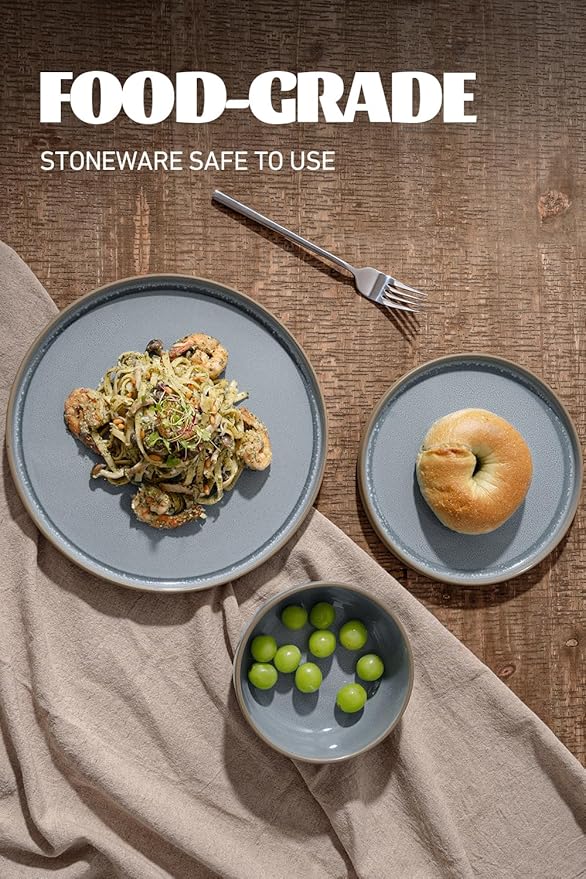 Famiware Nature Plates and Bowls Sets, 12 Pieces Stoneware Dinnerware Sets, Dishes Set for 4, Dishware Sets, Microwave and Dishwasher Safe, Light Blue