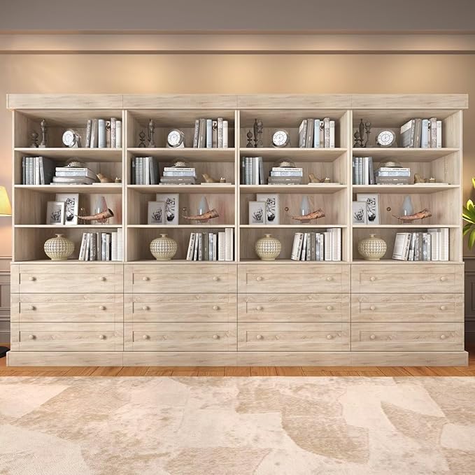 Vyre 71" Tall Farmhouse Bookshelves with Drawers, Set of 4 – Large Modular Bookcase with Adjustable Shelves, Storage Cabinet for Living Room, Kitchen, Home Office, Brown