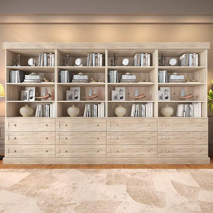 Vyre 71" Tall Farmhouse Bookshelves with Drawers, Set of 4 – Large Modular Bookcase with Adjustable Shelves, Storage Cabinet for Living Room, Kitchen, Home Office, Brown