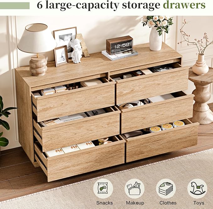 55.12" Modern Chest of Drawer, 6 Deep Drawers,Clothes Organizer,Large Storage Cabinet for Living Room, Bedroom,Dresser TV Stand, Wood Drawer Organizer for Living Room, Hallway, Natural
