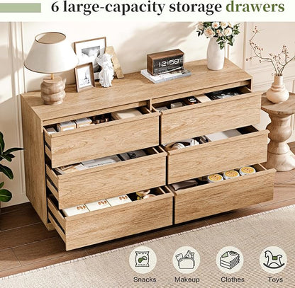 55.12" Modern Chest of Drawer, 6 Deep Drawers,Clothes Organizer,Large Storage Cabinet for Living Room, Bedroom,Dresser TV Stand, Wood Drawer Organizer for Living Room, Hallway, Natural