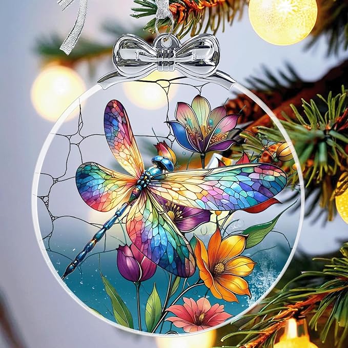Dragonfly Christmas Ornament Crystal Glass- Hanging Ornaments for Christmas Tree, Christmas Ornaments Xmas Decorations, Holiday Keepsake Present Exchange Ideas