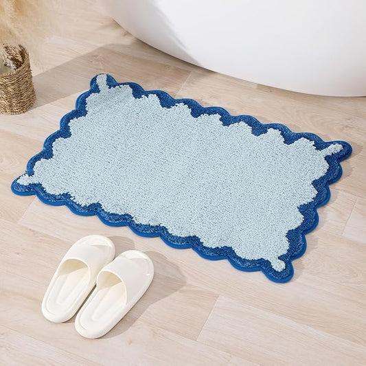 ORTIGIA Small Blue Scalloped Bath Mat, Cute Plush Microfiber Scallop Bathroom Rugs Non Slip Washable Quick Dry Absorbent, Bathmat Capet for Shower Stall Vanities Kitchen Floor Entrance, 17x24
