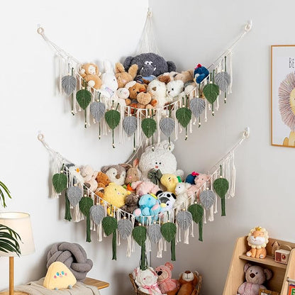 Pretty Jolly Stuffed Animal Storage with Hand Woven Leaf Tassels Hammock Corner Hanging Net Boho Macrame Plush Storage for Kid Room Nursery Decor Wall Display for Girls Gift(Gray&Green)
