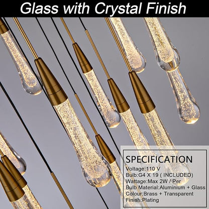 Large Raindrop Chandelier for Foyer, Entryway, 19-Light Gold Chandeliers for High Ceilings, Staircase, Luxury Long Big Hanging Light Fixtures with Glass, Brass Pendant Light Fixtures Living Room