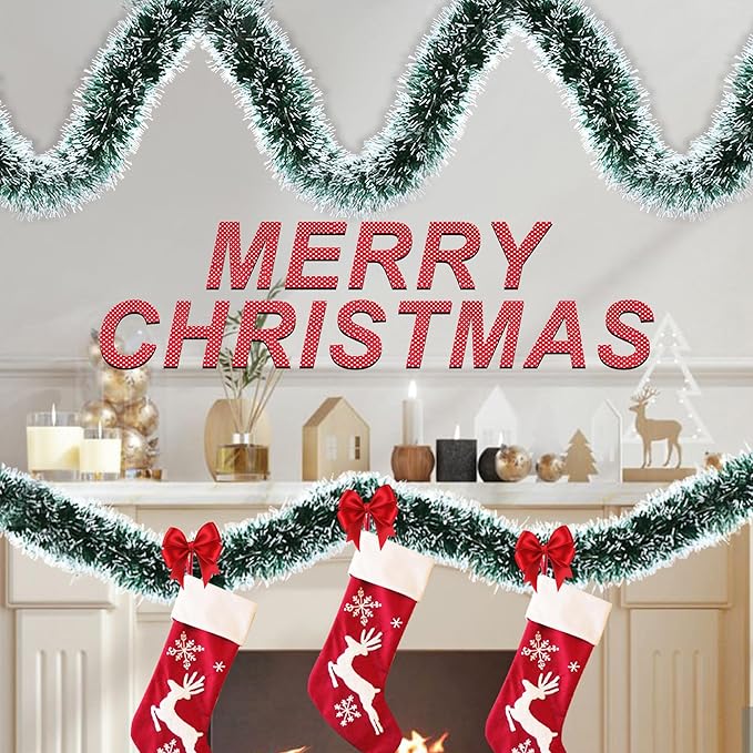 50 Feet Green Christmas Tinsel Garland Christmas Decorations for Xmas Tree Decor Metallic Twist Shiny Hanging Garlands for Tree Mantel Stairs Fireplace Home Indoor Outdoor Holiday Decor Party Supplies