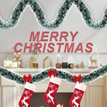50 Feet Green White Christmas Tinsel Garland for Christmas Tree Decorations, Metallic Twist Shiny Hanging Xmas Garlands for Stairs Mantle Fireplace Home Indoor Outdoor Holiday Party Suppliers Decor