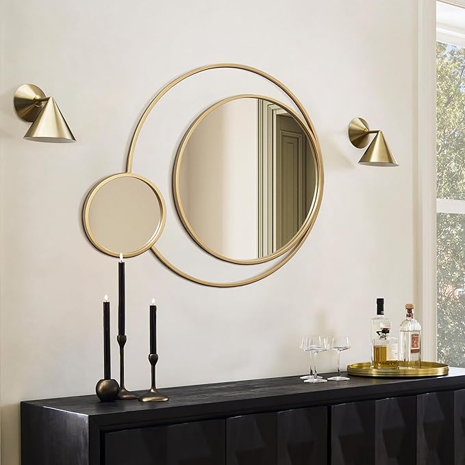 LuxenHome 31.5"x25.5" Round Wall Mirror, Orbit Modern Gold Metal Frame Wall Mounted Circles Decorative Accent Mirror for Bathroom Entryway, Bedroom, Living Room, Dining Room