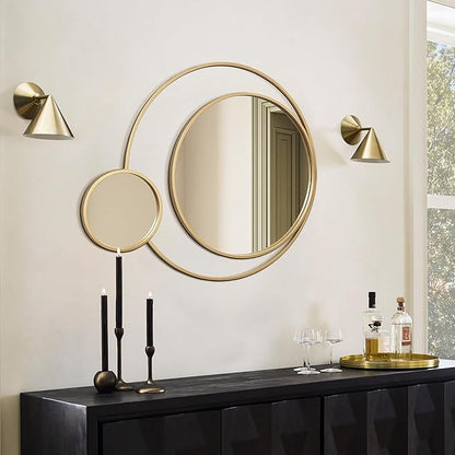 LuxenHome 31.5"x25.5" Round Wall Mirror, Orbit Modern Gold Metal Frame Wall Mounted Circles Decorative Accent Mirror for Bathroom Entryway, Bedroom, Living Room, Dining Room