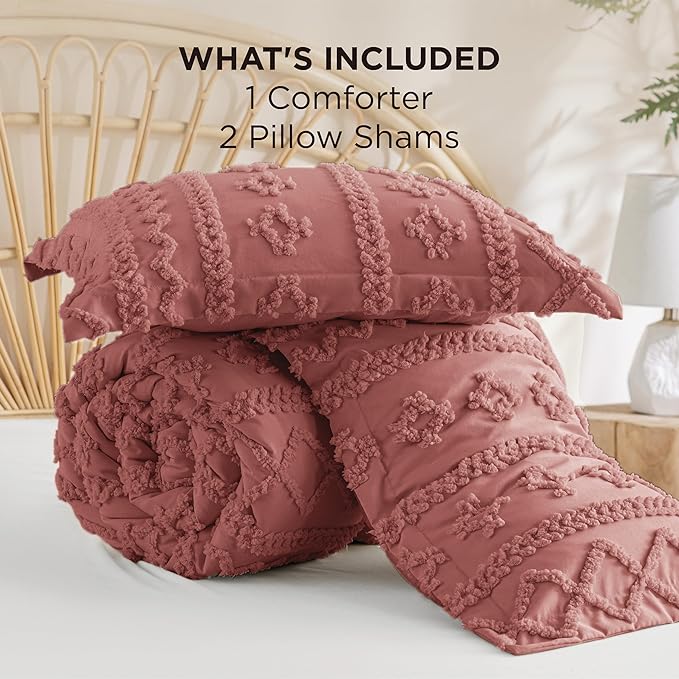 Bedsure Tufted Boho Comforter Set Queen Size - Grayish Pink Boho Bed Set, GentleSoft™ 3 Pieces Farmhouse Shabby Chic Embroidery Bedding, Gifts for Woman, Soft Jacquard Queen Comforter for All Seasons