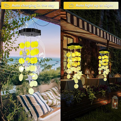 Solar Shell Gift for Mom Grandma Girls, Yellow Solar Wind Chimes for Outside, Outdoor Decorative Mobile Lights for Garden, Yard, Patio, Window, Party, Outdoor Decorations(Warm White)