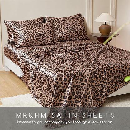 MR&HM Satin Bed Sheets with Elastic Corner Straps, King Size Sheets Set, 6 Pcs Silky Bedding Set with 15 Inches Deep Pocket for Mattress (King, Brown Leopard)