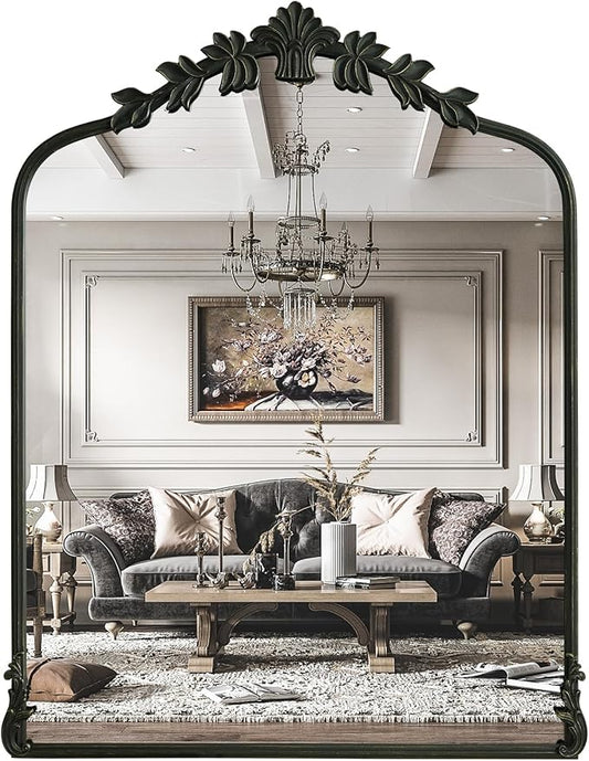 WallBeyond Black Antique Mirror for Vanity 28x36 Inch, Black Vintage Mirror with Ornate Frame, Arched Vintage Wall for Bathroom, Living Room, Fireplace