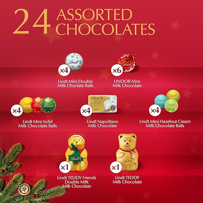 Lindt Holiday Teddy Bear Chocolate Candy Advent Calendar, 4.5 oz. (Pack of 2)