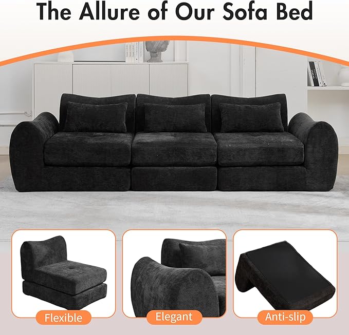 101.6" Modular Sectional Cloud Sofa,Floor Boneless Couch, 4-in-1 Folding Convertible Sofa Bed, Modular Cushion Couch,Suitable for Living Room,Bedroom and Recreation Room (Black)
