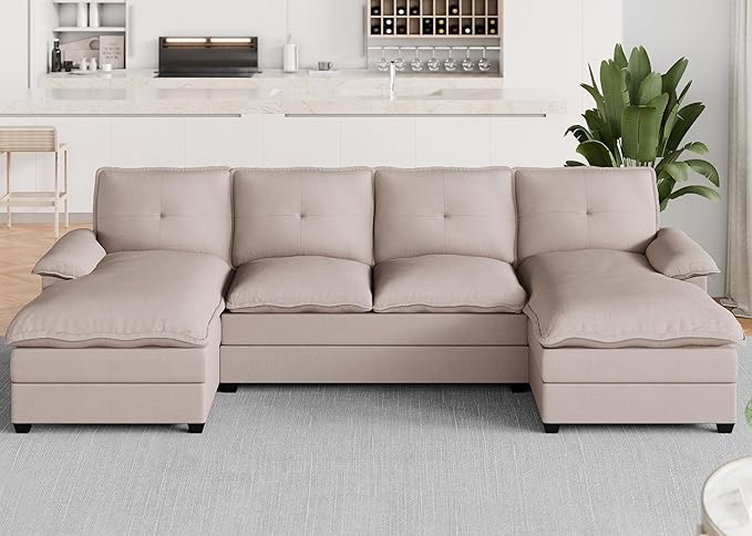 Meilocar U Shaped Sectional Sofa 4 Seat Cloud Couch Double Wide Chaise, Beige
