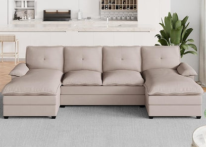 Meilocar U Shaped Sectional Sofa 4 Seat Cloud Couch Double Wide Chaise, Beige