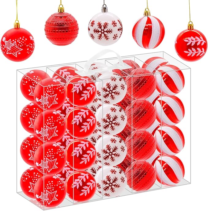 40PCS 2.36" Christmas Balls Ornaments, Plastic Christmas Tree Ornaments, Holiday Baubles, Hanging Decorations for Xmas Trees Holiday Party, Red White Baubles