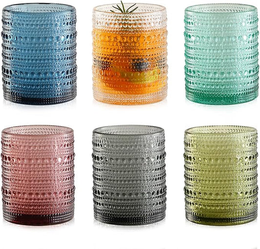 Colored Hobnail Drinking Glasses Set of 6,12oz Vintage Kitchen Glassware,Embossed Beaded Glass Cups,Water Tumbler for Cocktail,Juice and Various Mixed Drinks