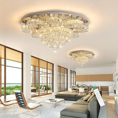 Modern Chandelier Living Room Glam Chandeliers Ceiling Light Fixture Remote Dimmable Lights 32 Inches Luxury Crystal Silver Light