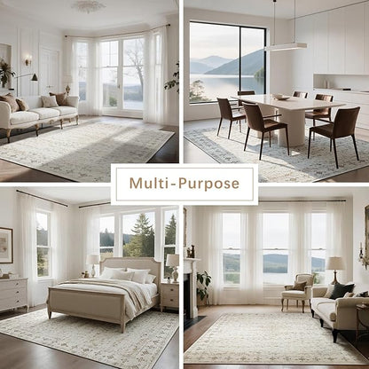 Washable Rugs 8x10 Area Rugs for Living Room,Rugs for Bedroom,Large Carpets,Ultra Soft Faux Wool Retro Dining Room Rug,Non Slip&Non-Shedding Low Pile Vintage Print Rug for Home Office-Beige