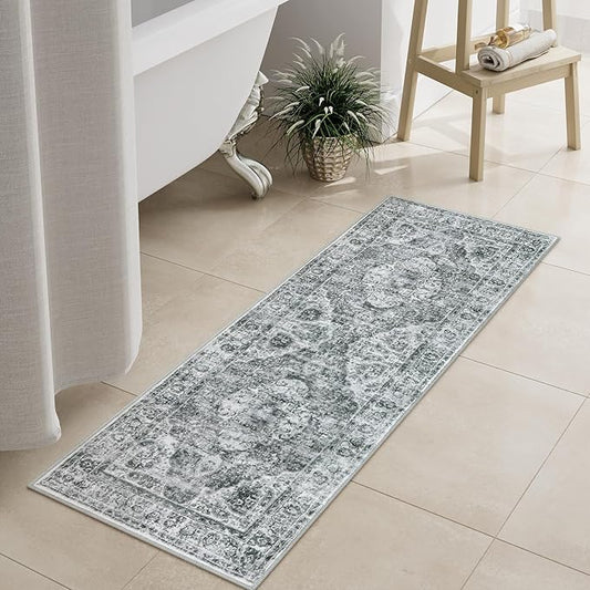 Uphome Gray Bathroom Rugs, Distressed Farmhouse Boho Bath Mat, Non Slip Washable Soft Velvet Bath Mats for Bathroom Floor, Vintage Traditonal Bath Runner for Bathtub Sink Shower, 18x47 inch