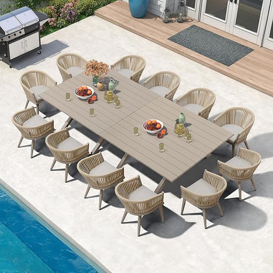 PURPLE LEAF 13 Pieces Oversized Outdoor Dining Set with Patio Aluminium Dining Table and Wicker Chairs Modern Furniture Cushions Sets for Backyard Indoor Decor Kitchen Champagne