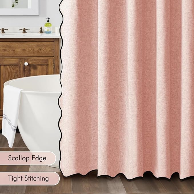MIULEE Blush Pink Scalloped Shower Curtain Linen Textured with 12 Metal Hooks Cute Heavy Duty Washable Waterproof Thick Cloth Shower Curtains with Black Border for Bathroom Hotel Bathtub,W72*L72