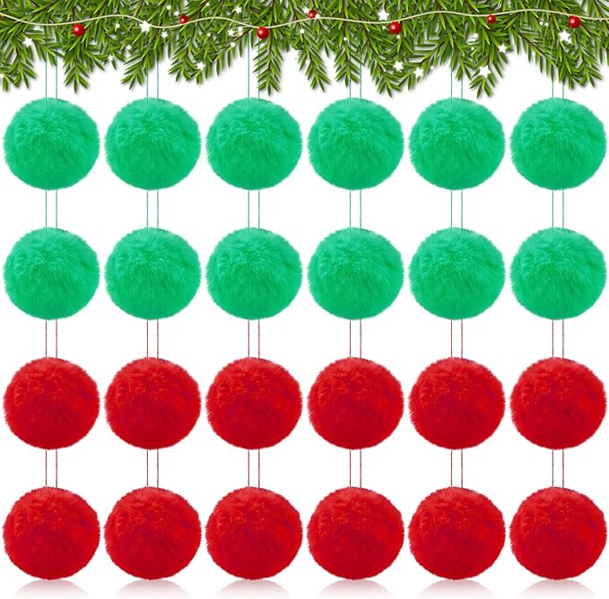 24 Pcs Red Green Fur Christmas Ornaments 3.15 Inch Pom Pom Ball Lime Green Hanging Decoration Fuzzy Fluffy Christmas Tree Decorations for Xmas Tree Wreath Home DIY Craft Gift Party Decor