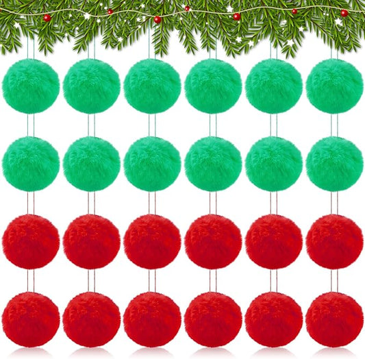 24 Pcs Red Green Fur Christmas Ornaments 3.15 Inch Pom Pom Ball Lime Green Hanging Decoration Fuzzy Fluffy Christmas Tree Decorations for Xmas Tree Wreath Home DIY Craft Gift Party Decor