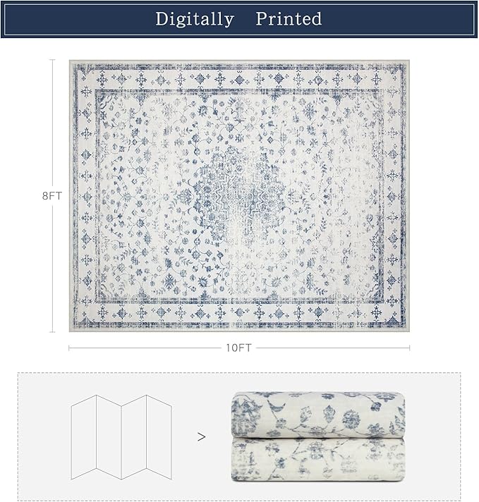Washable Rugs 8x10 Area Rugs for Living Room,Rugs for Bedroom,Large Carpets,Ultra Soft Faux Wool Retro Dining Room Rug,Non Slip&Non-Shedding Low Pile Vintage Print Rug for Home Office-Blue