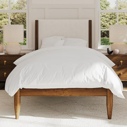 DG Casa Solid Wood Boucle Mid-Century Modern Twin Size Wooden Platform Bed Frame - Upholstered in Cream Boucle - Walnut Finish