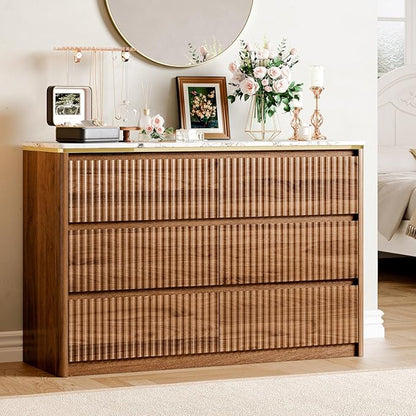 Fluted Dresser for Bedroom with 6 Drawers, 47.2" Modern Chest of Drawers with Faux Marble Top, Curved Profile Design,Dresser TV Stand, Wood Drawer Organizer for Living Room, Hallway, Walnut