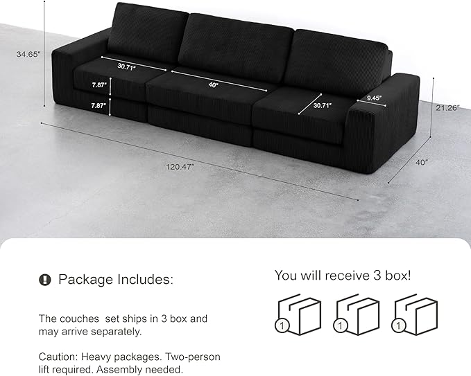 120.47‘’ Boneless Couch Cloud Modular Sectional Couches for Living Room, Oversize L-Shape Sofa with Deep Seat, Plush Corduroy 3-Seater Cloud Sofa, No Assembly Required