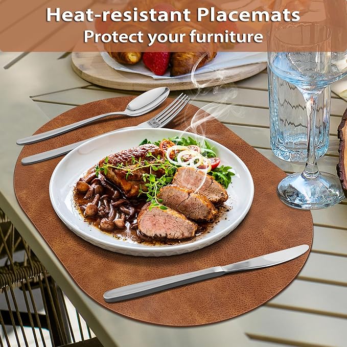 ADRIMER Placemats, Heat Resistant Oval Placemats Set of 12 Washable 12 x 17 Inch, Waterproof Table Mats, Wipeable Pu Place Mats for Kitchen, Dining Room, Turmeric Brown