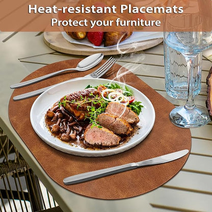 ADRIMER Placemats, Heat Resistant Oval Placemats Set of 12 Washable 12 x 17 Inch, Waterproof Table Mats, Wipeable Pu Place Mats for Kitchen, Dining Room, Turmeric Brown