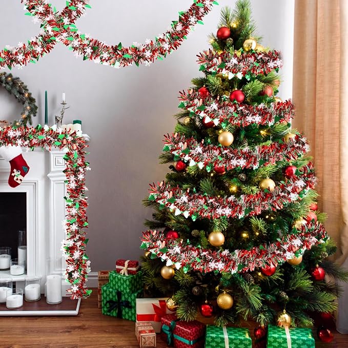 LOAVER 33 FT Christmas Tinsel Garland with Snowflake Christmas Tree,Green Red Metallic Tinsel Twist Garland Shiny Hanging Decoration for Xmas Tree Party Supplies Stair Railing Indoor Outdoor Decor