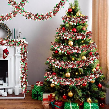 LOAVER 33 FT Christmas Tinsel Garland with Snowflake Christmas Tree,Green Red Metallic Tinsel Twist Garland Shiny Hanging Decoration for Xmas Tree Party Supplies Stair Railing Indoor Outdoor Decor