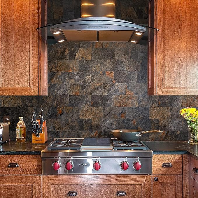 AULIGET 200 Pieces Rust Slate Peel and Stick Backsplash Wall Tiles, 3" x 6" PVC Faux Stone Stick on Tiles for Backsplash Kitchen, Bathroom, Laundry Room, Camper, Fireplace