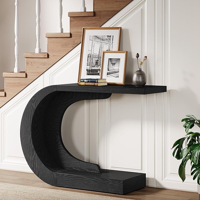 Tribesigns 43.3" Farmhouse Console Table for Entryway, Unique C-Shaped Rustic Sofa Table Behind Couch with Storage for Living Room, Hallway, Entry, Entrance, Foyer, Easy Assembly, Black